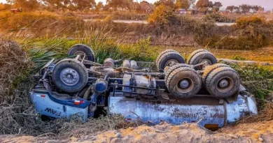 Wrecked Truck Upside Down On Roadside